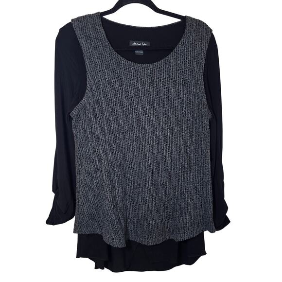 Michael Tyler Tops - Michael Tyler Mixed Media Tunic Top Size L Black Gray Made in Canada Lagenlook